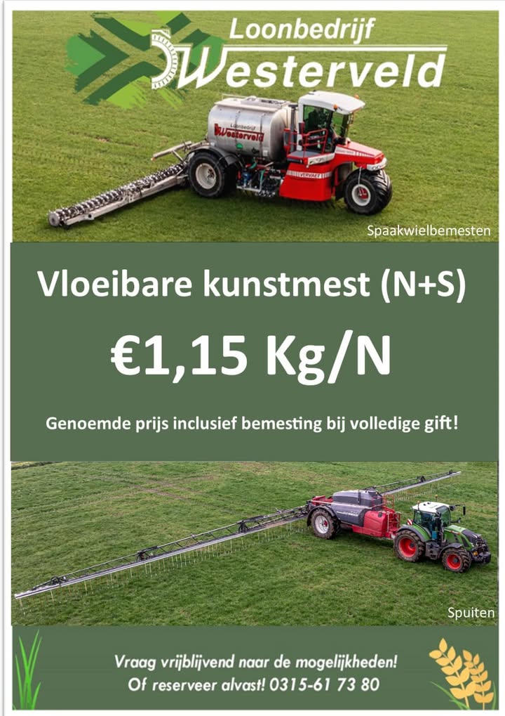 Vanaf 1 februari gaat het kunstmest seizoen weer van start! Wij staan klaar met onze spaakwielbemester en veldspuit (met…